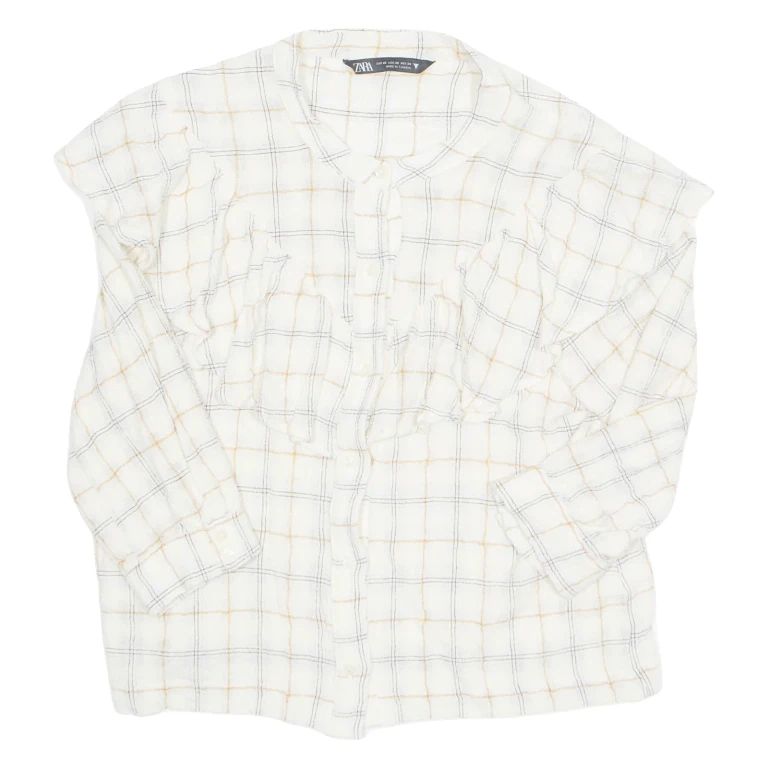 ZARA Womens Printed Blouse Beige Long Sleeve Check XS
