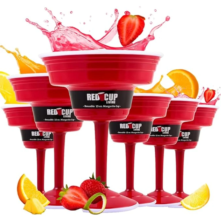 Reusable Red Plastic Margarita Glasses with Stem, 15 Oz, Unique Heavy-Duty Drinking Glasses for Parties, Durable Champagne Flutes, Sturdy Stem Glass, Elegantes Copas De Vino, Pack of 6
