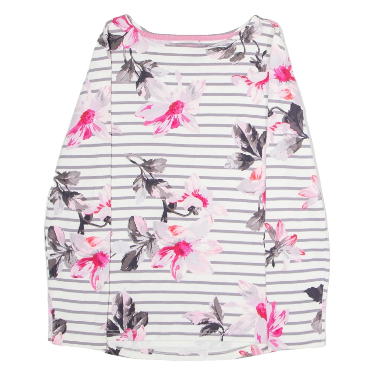 JOULES Striped Floral Womens T-Shirt White Long Sleeve UK 10