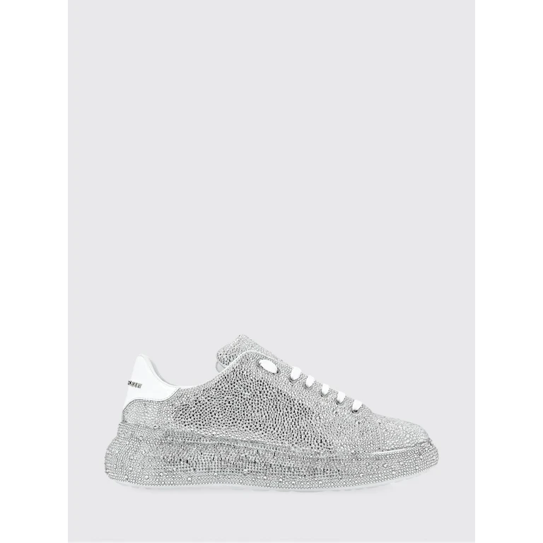 Silver Leather Low-Top Sneakers with Rhinestone Application (FAASMSC3244PLE010N60)
