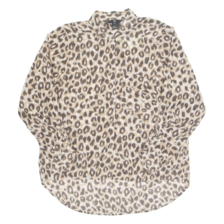 H&M Sheer Womens Printed Shirt Brown Collared Long Sleeve Animal Print S