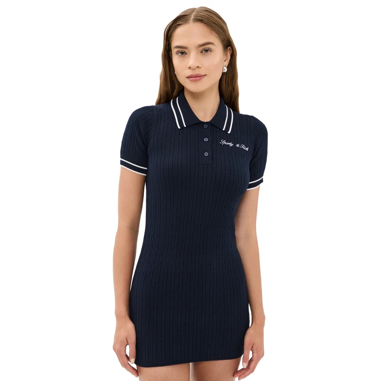 Sporty & Rich Signature Logo Mini Cable Knit Dress Dark Navy/White White L
