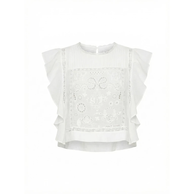 self-portrait Ramie Top With Lace Inserts