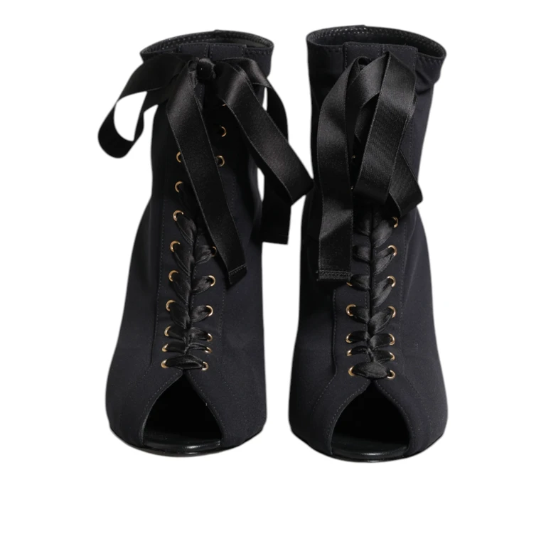 Dolce & Gabbana Black Stiletto Heels Lace Up Boots Shoes Nylon Elastane Polyester - Women