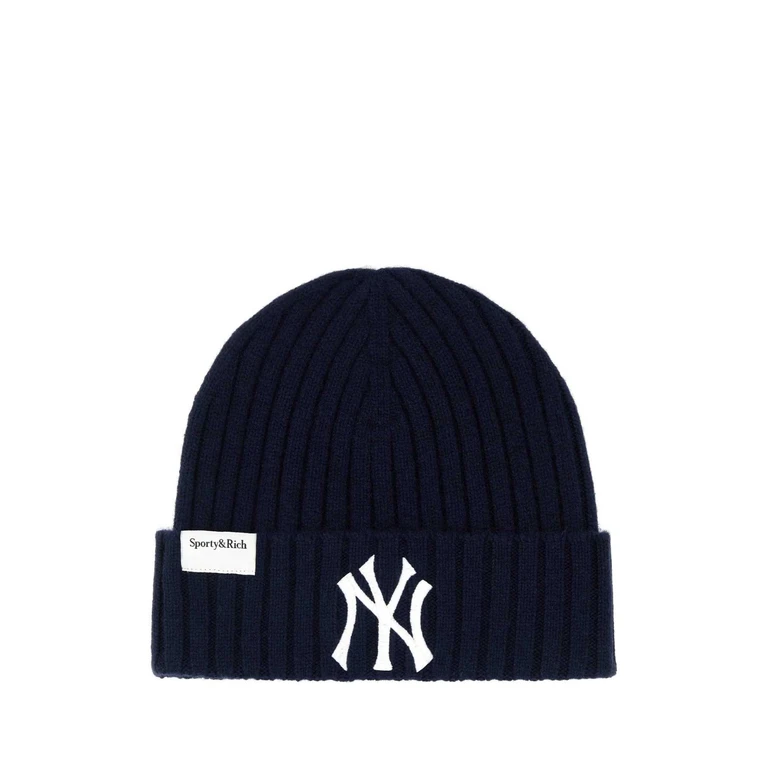 Sporty & Rich Navy Blue Cashmere Blend Yankees Beanie Hat Darknavy Exterior: Wool Cuffie - Men