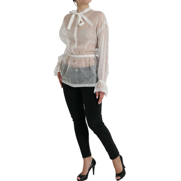 Dolce & Gabbana White Silk Long Sleeves Ascot Collar Top Cotton - Women
