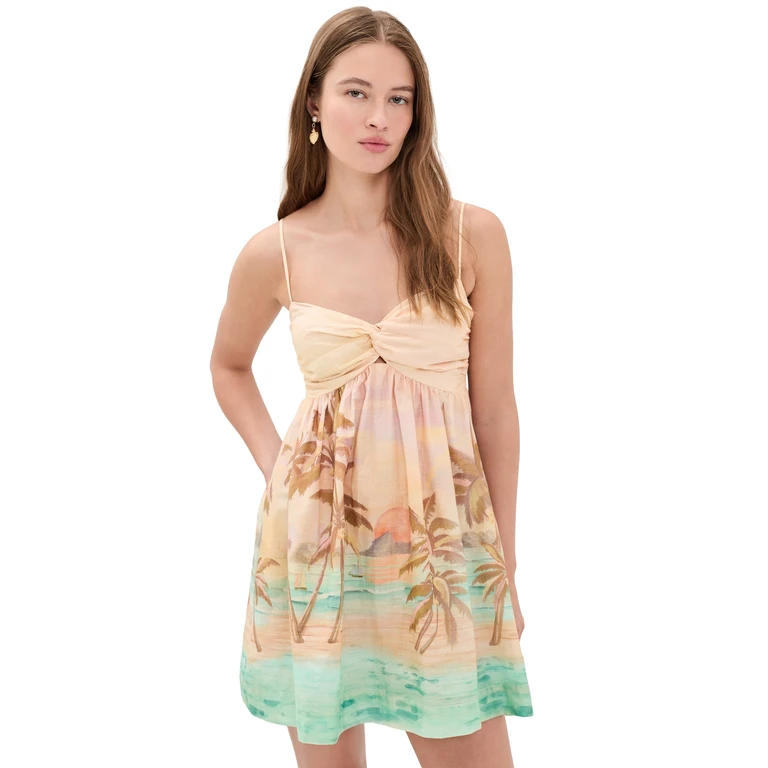 Dress To Beige Tropical Ruched Neckline Mini Dress Beige Tropical XS