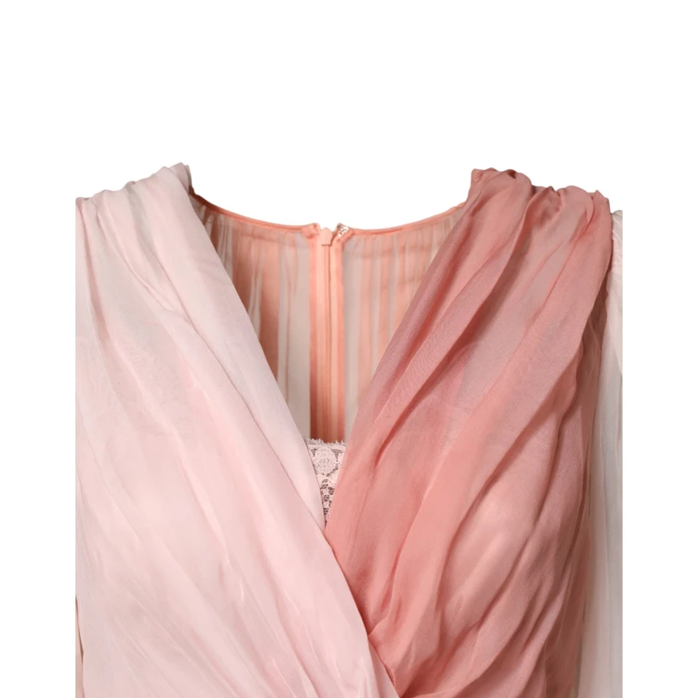 Dolce & Gabbana Pink Silk Tulle Long Sleeve V-Neck Dress - Women
