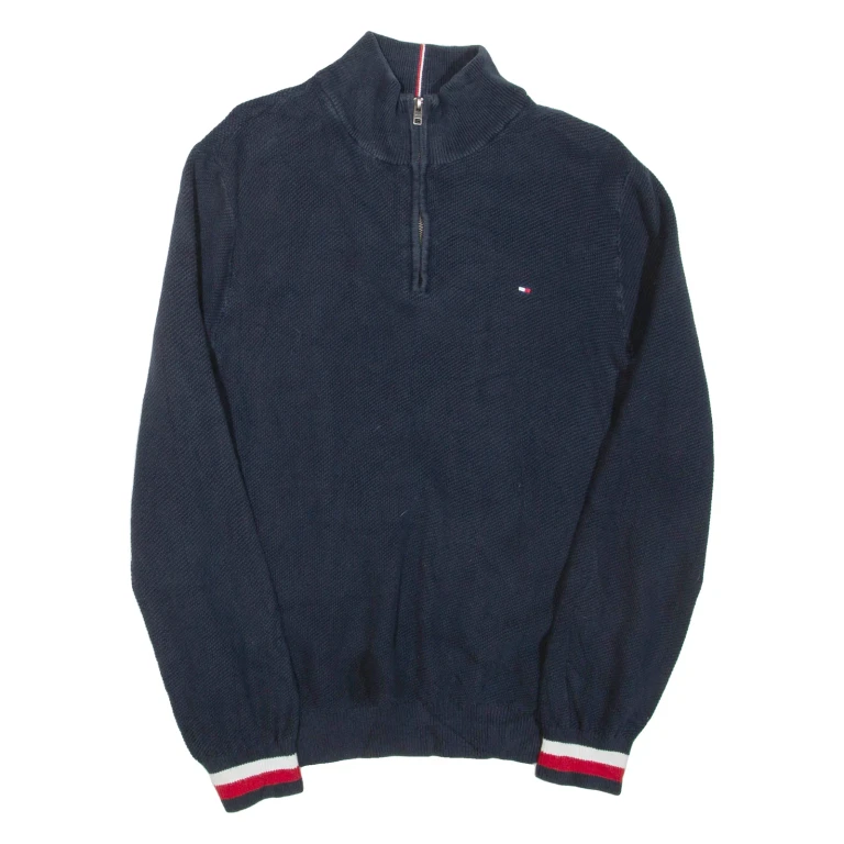 TOMMY HILFIGER Mens Jumper Blue 1/4 Zip Tight Knit L