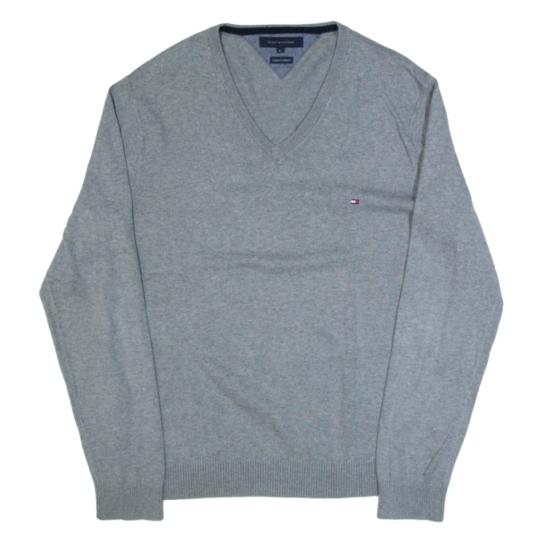TOMMY HILFIGER Mens Jumper Grey V-Neck Tight Knit L