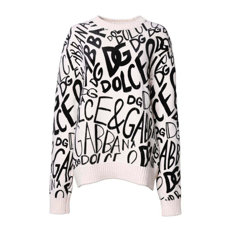 Dolce & Gabbana White Black Logo Print Women Pullover Sweater And Virgin Wool Clothing - Women