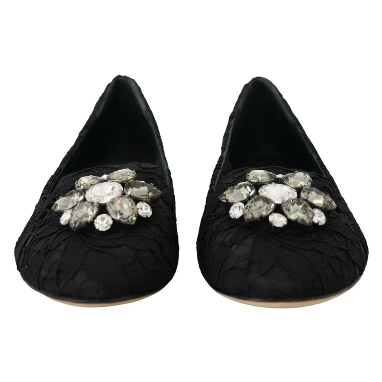 Dolce & Gabbana Black Taormina Lace Crystals Flats Shoes Cotton - Women