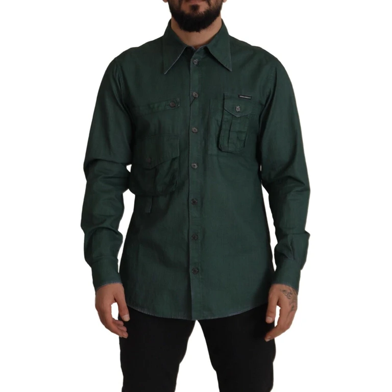 Dolce & Gabbana Dark Green Button Down Long Sleeves Shirt Flax - Men