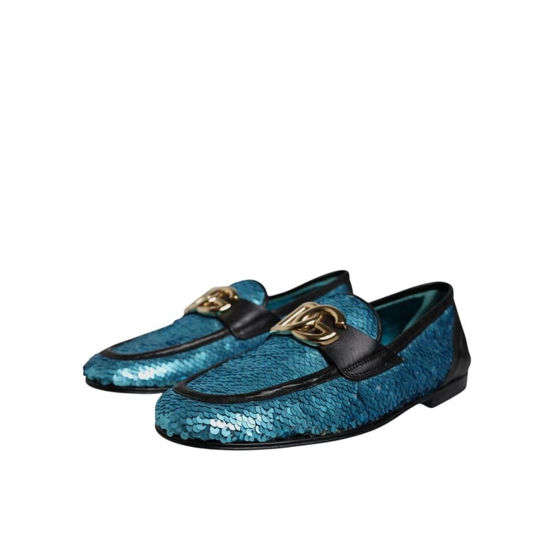 Dolce & Gabbana Blue Sequined Loafers Formal Dress Shoes Pe Polyester Leather - Men