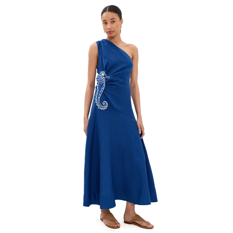 FARM Rio Seahorse Embroidery One Shoulder Maxi Dress Blue S