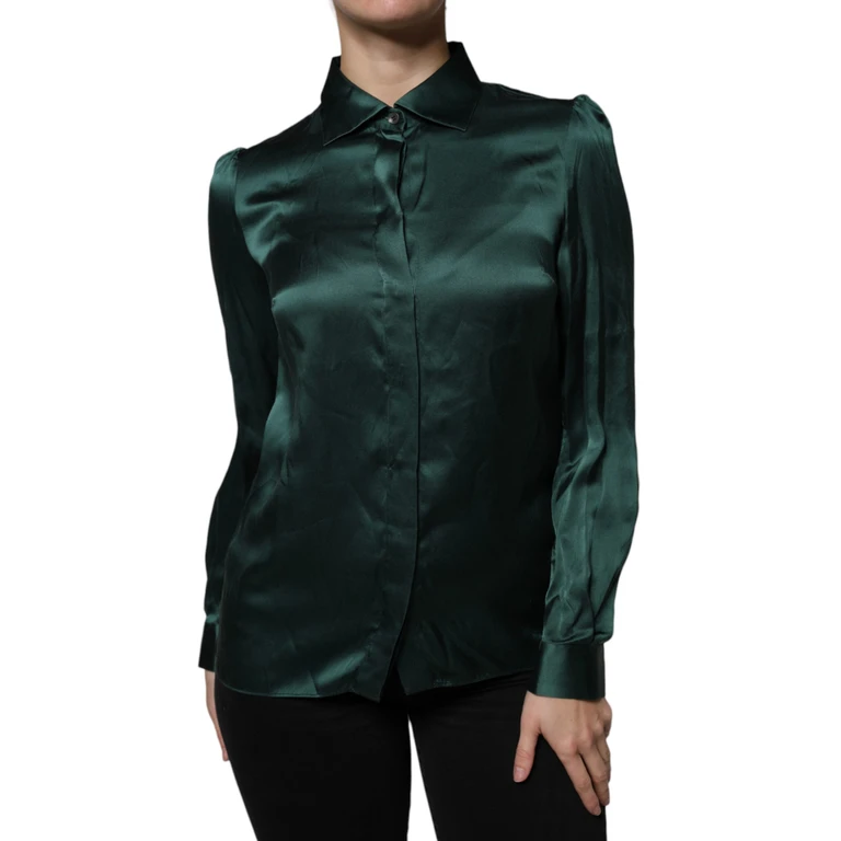 Dolce & Gabbana Dark Green Silk Button Down Long Sleeves Blouse Top - Women