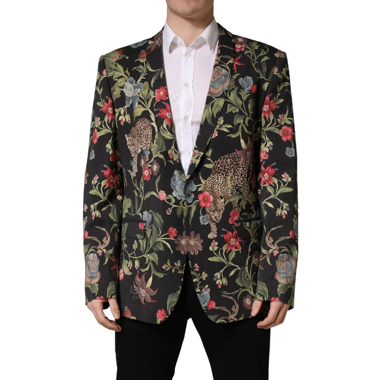 Multicolor Floral Leopard 1 Button Men Suit Jacket Elastane Virgin Wool - Men