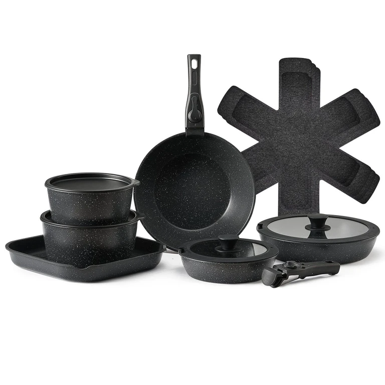 17 Piece Pots and Pans Set Granite Nonstick Kitchen Cookware Induction Black - 1