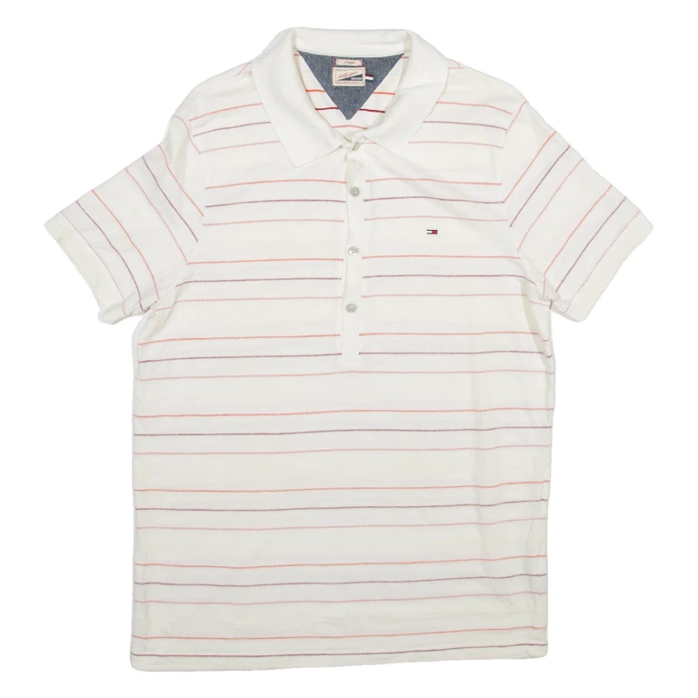 TOMMY HILFIGER Mens Polo Shirt White Striped L