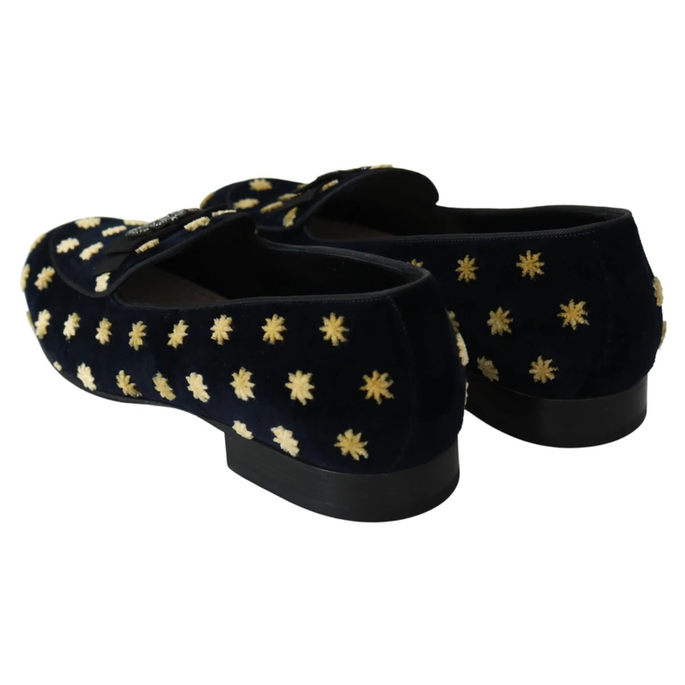 Blue Velvet Crown Slippers Loafers Shoes Black Cotton - Men