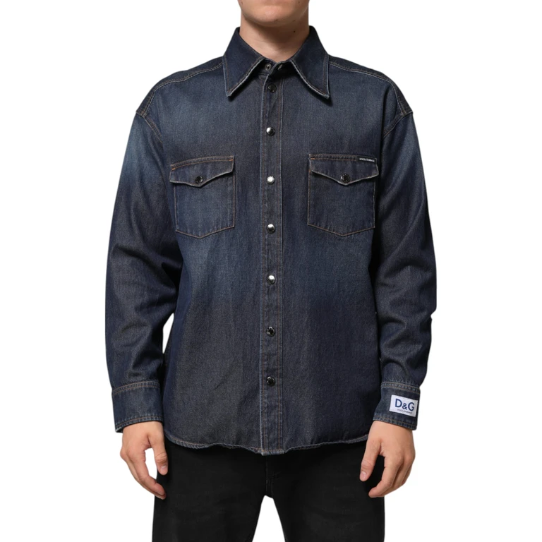 Dolce & Gabbana Blue Denim Button Casual Logo Patch Men Shirt Cotton - Men