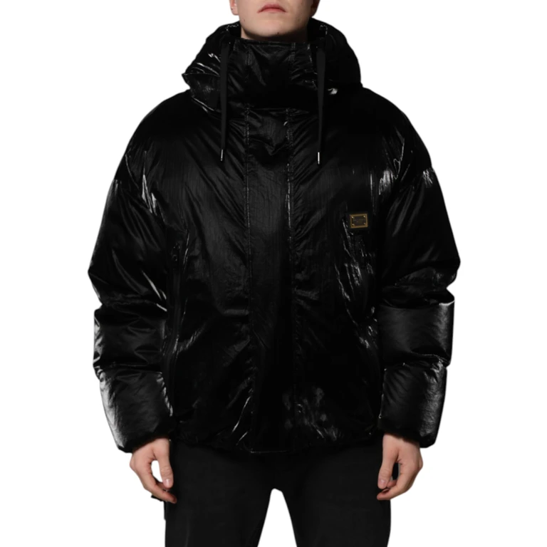 Black Logo Full Zip Hooded Quilted Jacket Nylon Clothing - Men