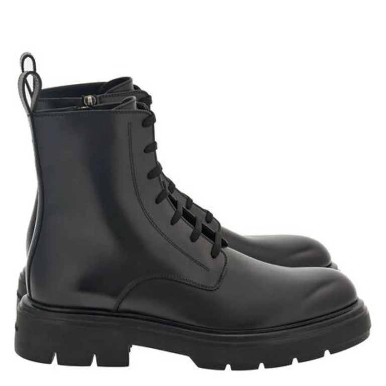 Ferragamo Black Leather Combat Boots, Size 9 E