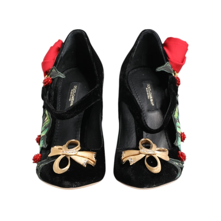 Dolce & Gabbana Black Roses Crystal Brooch Mary Jane Shoes Rayon Silk - Women