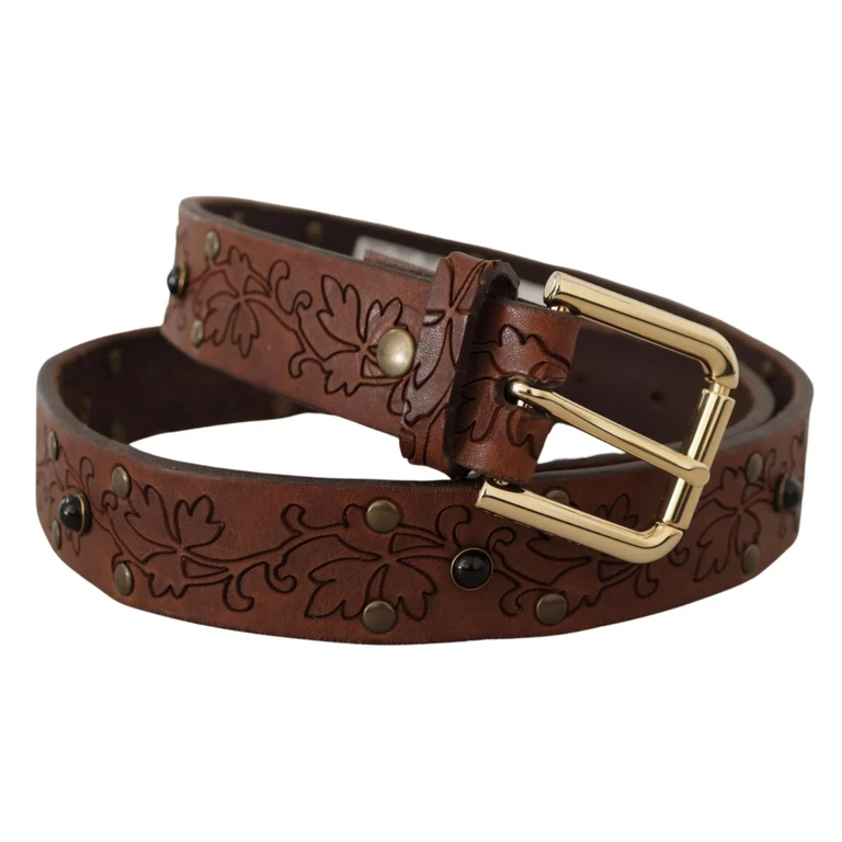 Dolce & Gabbana Brown Leather Floral Studded Metal Buckle Belt - Men