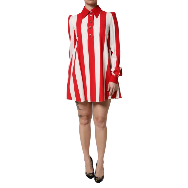 Dolce & Gabbana White Red Stripes Long Sleeves Mini Dress And Viscose Acetate Elastane - Women