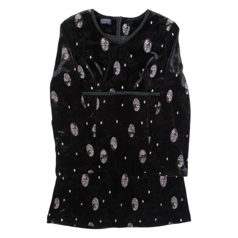 DHONI Womens Fit & Flare Dress Black Velvet Spotted Long Sleeve Knee Length M
