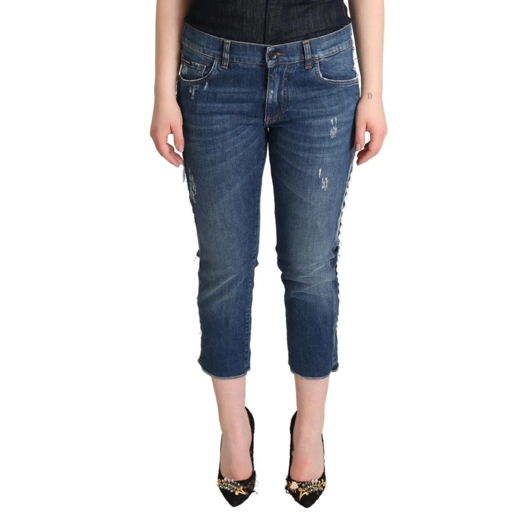 Dolce & Gabbana Blue Washed Mid Waist Denim Logo Cropped Jeans Cotton Clothing - Women