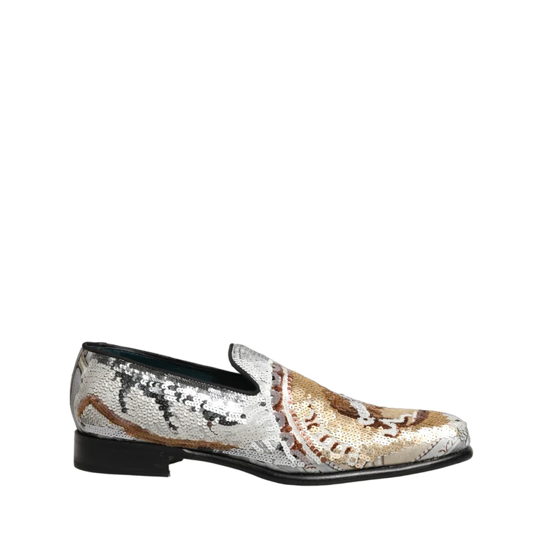 Dolce & Gabbana White Gold Sequined Slip On Loafers Shoes Leather - Men