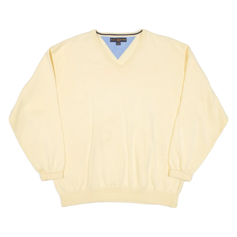 TOMMY HILFIGER Mens Jumper Yellow V-Neck Tight Knit L