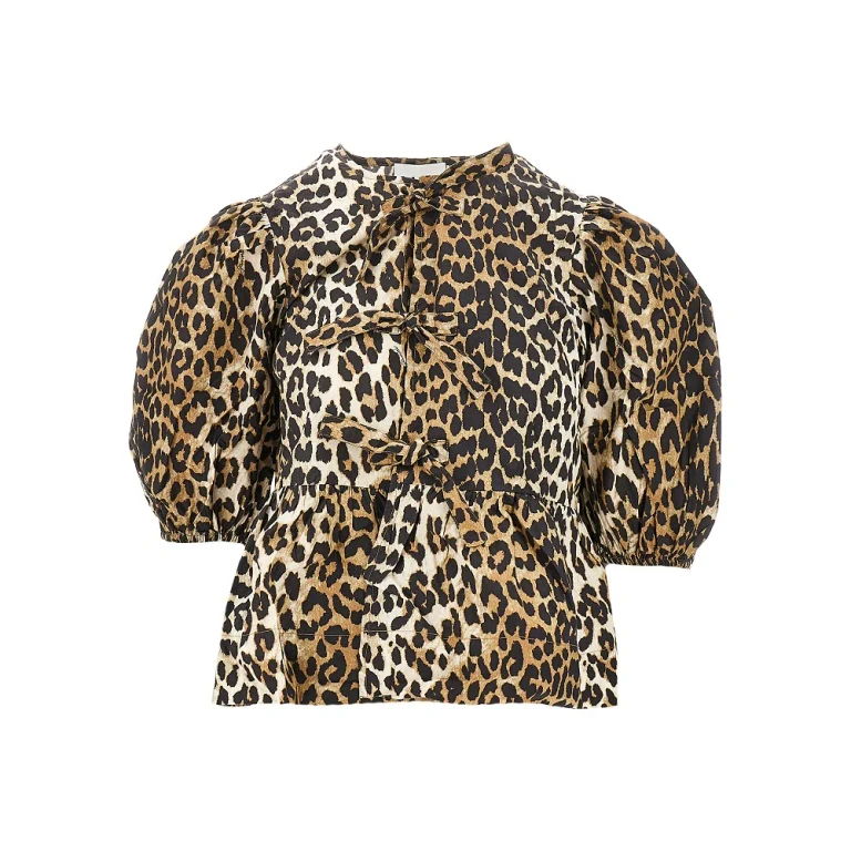 Blusa GANNI de popelina com estampado de leopardo