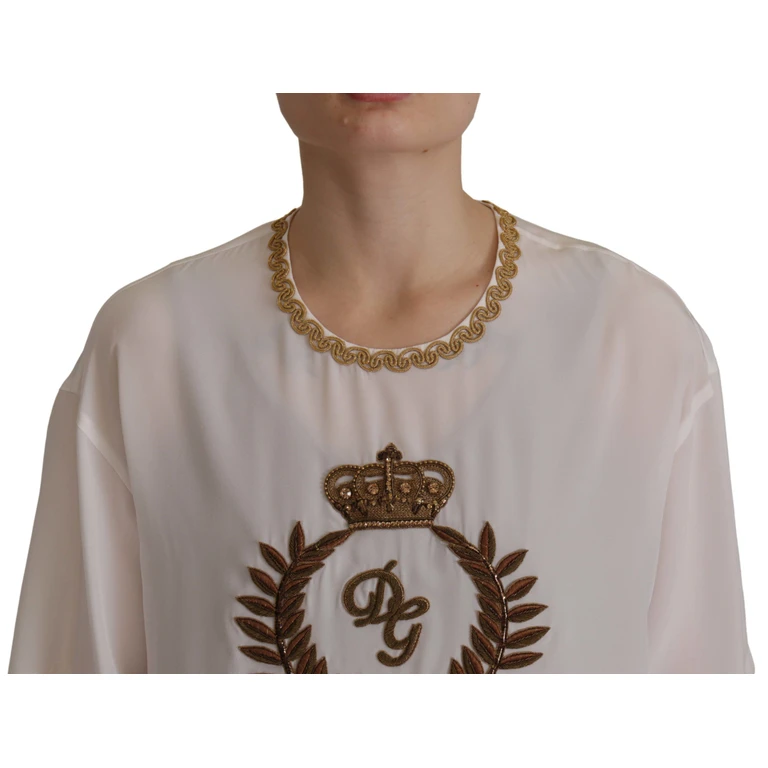 Dolce & Gabbana White Silk Gold Dg Crown Crystal Blouse Top - Women
