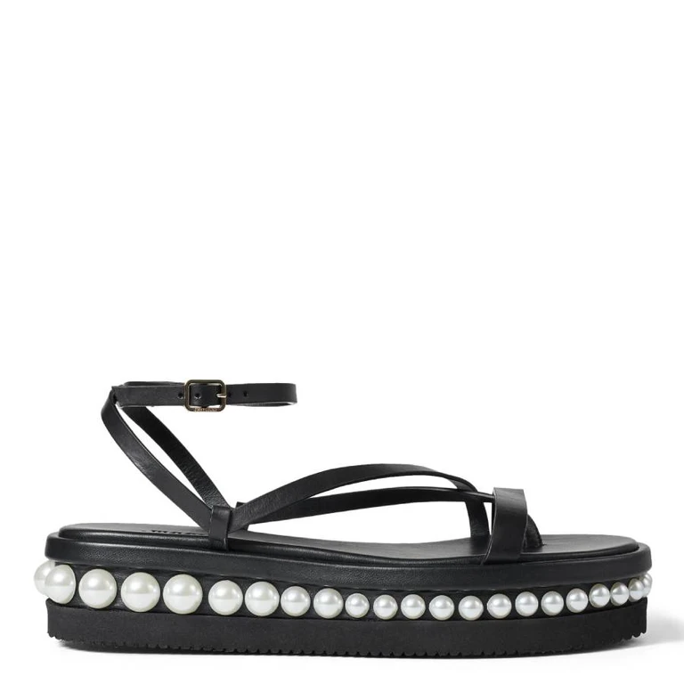 Pine Flat Pearl Embellished Leather Sandals, Brand Size 34 ( US Size 4 )