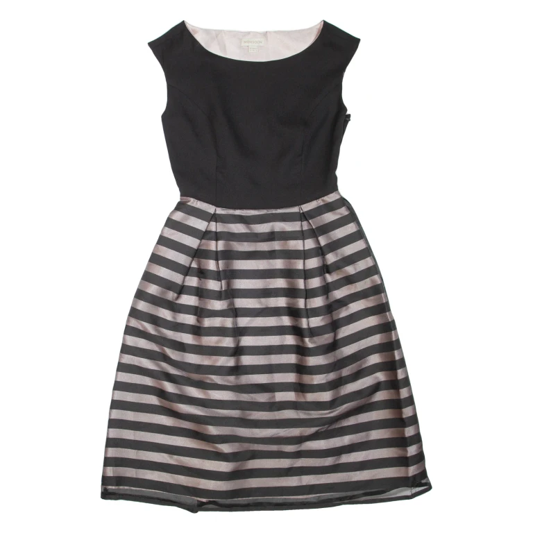 MONSOON Belted Womens Fit & Flare Dress Black Striped Sleeveless Short UK 8