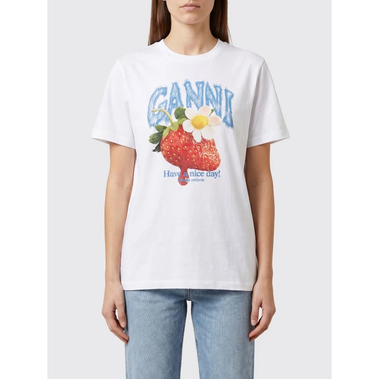 Slim Fit T-Shirt in White Cotton with Fruit Logo Print (A1050291151)