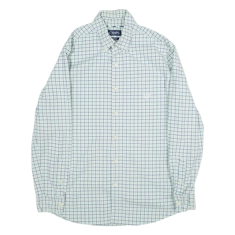 CHAPS Stretch Oxford Mens Shirt Green Check Long Sleeve M