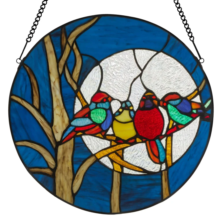 16" W Birds in the Night Sky Stained Glass Window Panel