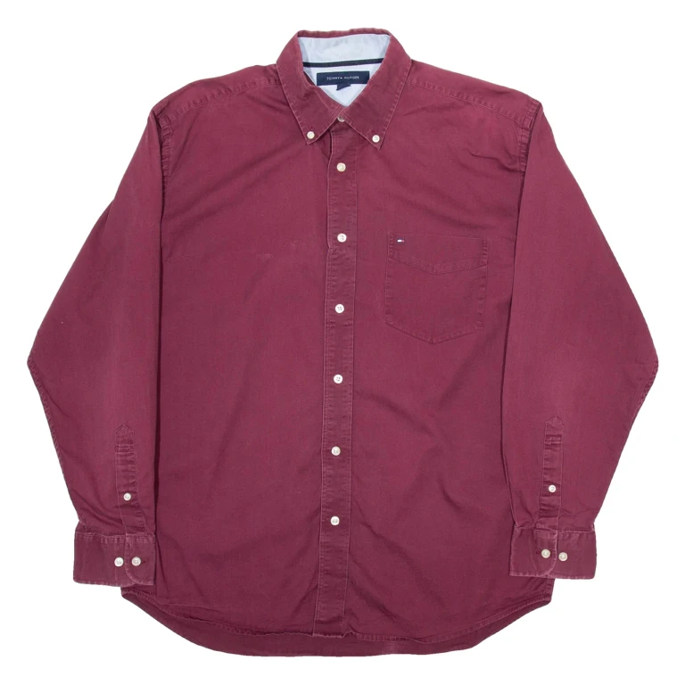 TOMMY HILFIGER Mens Plain Shirt Maroon Long Sleeve M