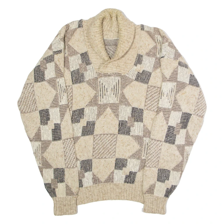 Womens Patterned Jumper Beige Crazy Pattern Roll Neck Chunky Knit M