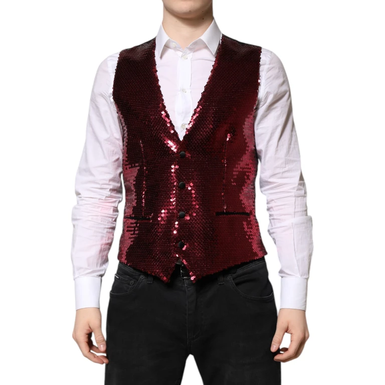 Dolce & Gabbana Red Sequined Dress Formal Men Waistcoat Vest Nylon Polyester Silk Elastane - Men