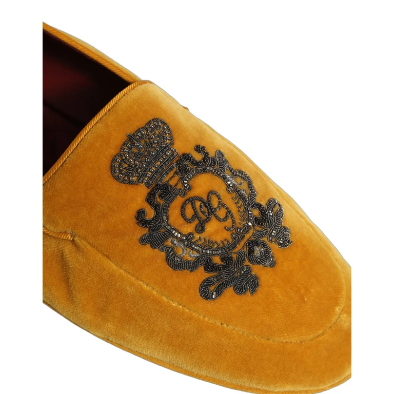 Dolce & Gabbana Yellow Velvet Crown Embroidery Loafers Shoes Black Leather - Men