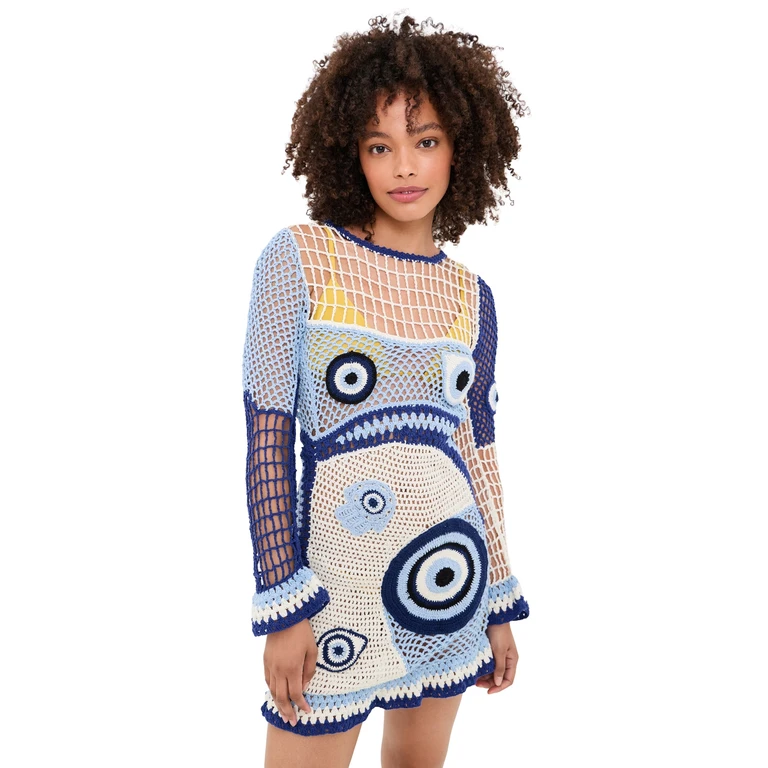 Leslie Amon Dream Evil Eye Crochet Dress White And Blue L