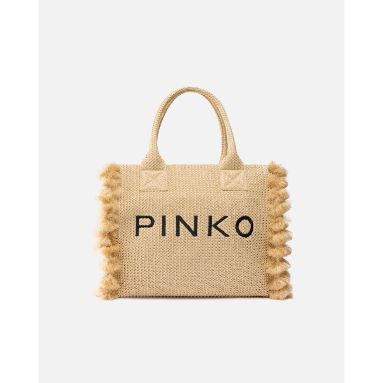 Pinko - Cabas moyen Beach en raphia à logo et pompons
