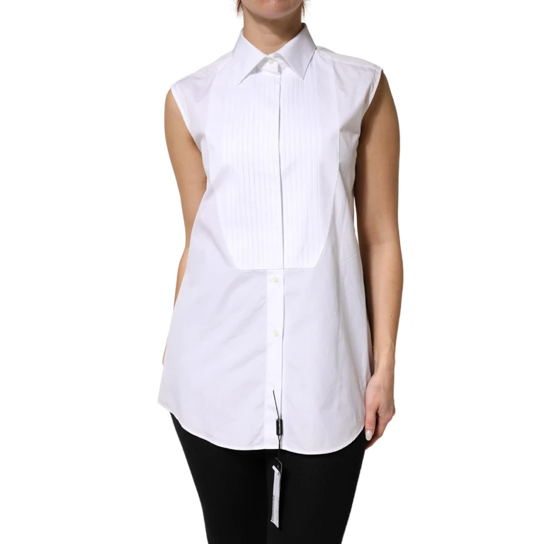 White Cotton Pleated Sleeveless Button Down Top - Women