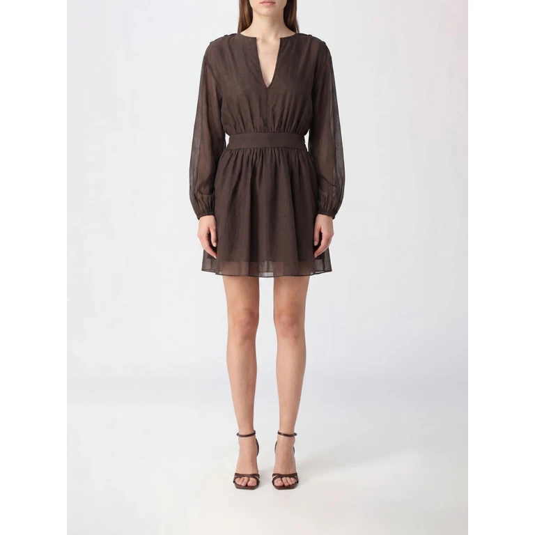 Slim Fit Cotton Mini Dress with V-Neck and Long Sleeves (GBSS26507CMARRONE)