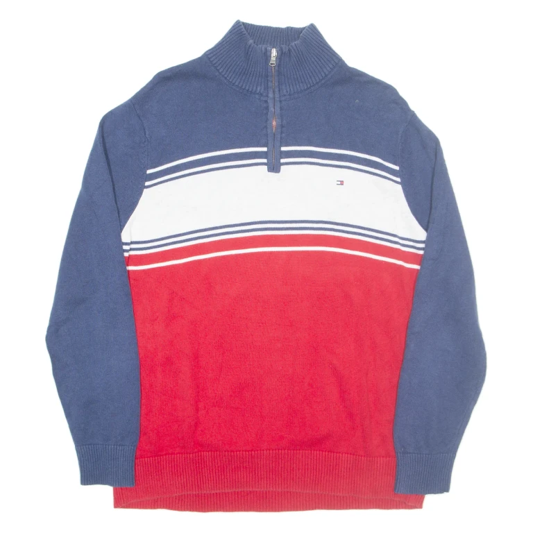 TOMMY HILFIGER Mens Patterned Jumper Red Striped 1/4 Zip Tight Knit L